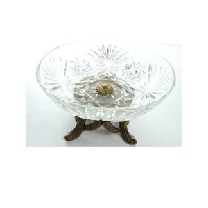 Brass Footed Cut Glass Clear Bowl Candy Dish